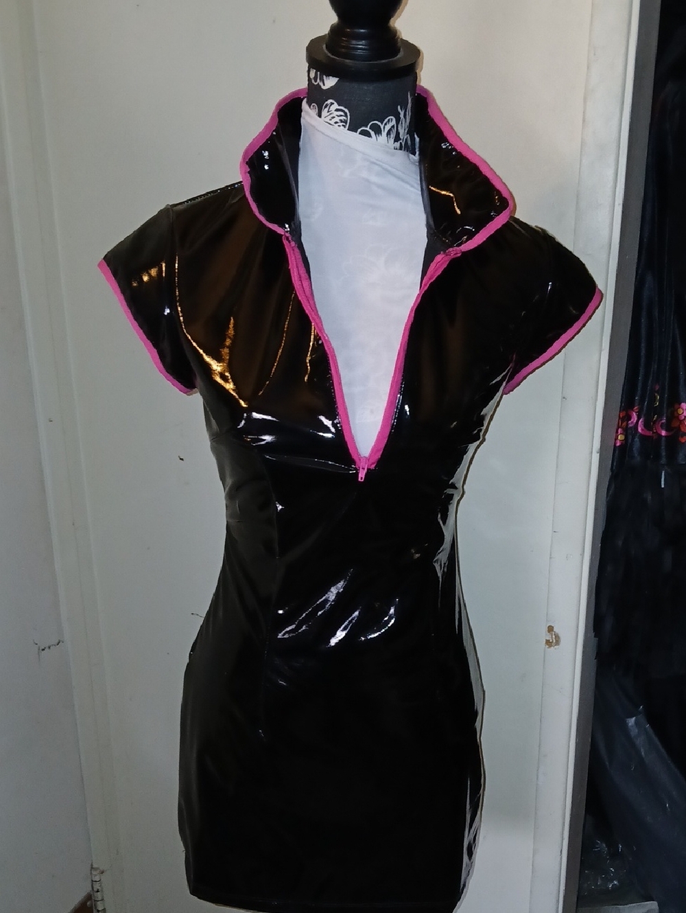 UWOWO Black Patent Vinyl Mini Dress with Hot Pink Trim.